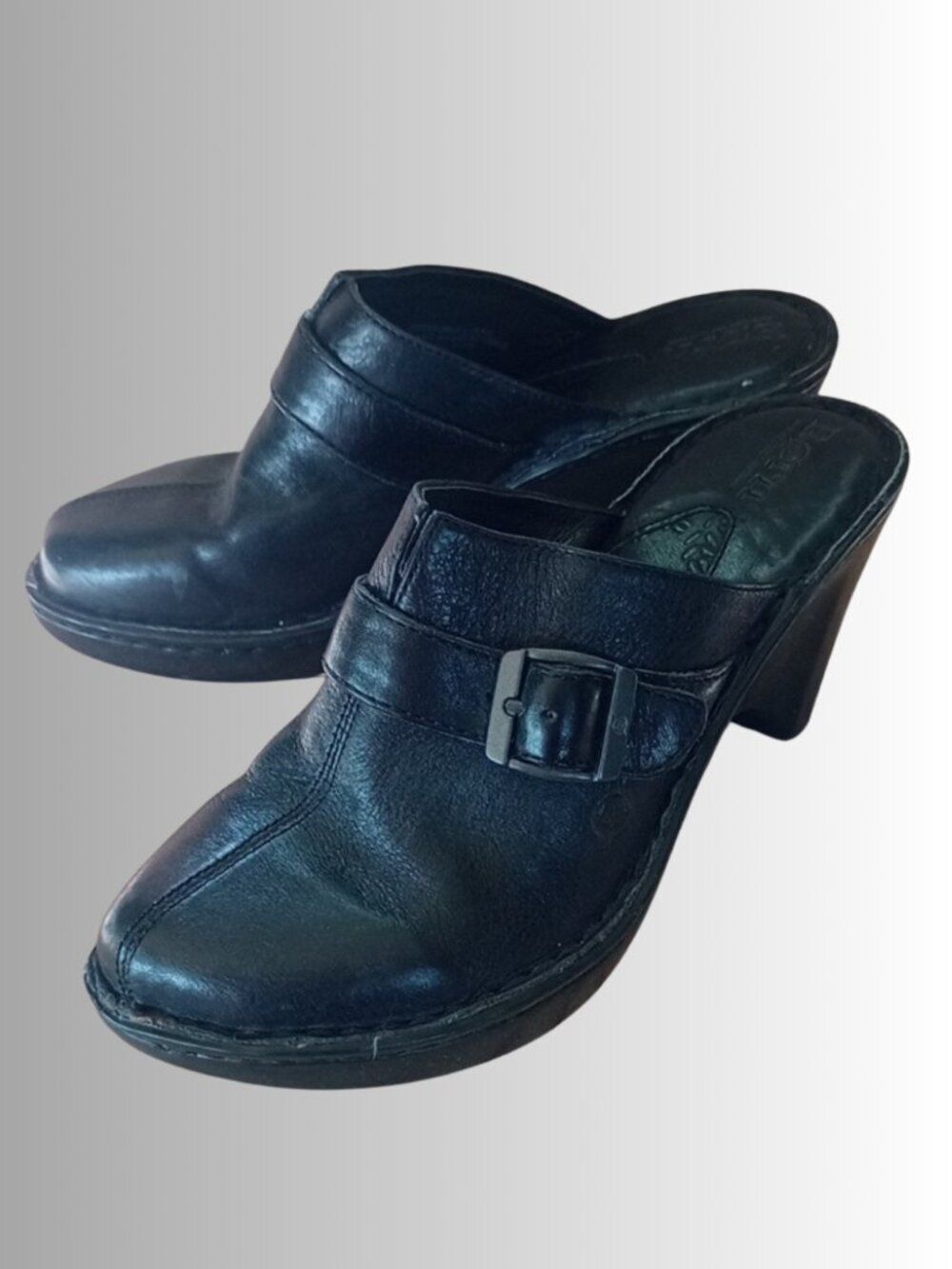 Born Emme Women’s Heels Slip On Clogs Mules Black 100% Leather Wedges Office
